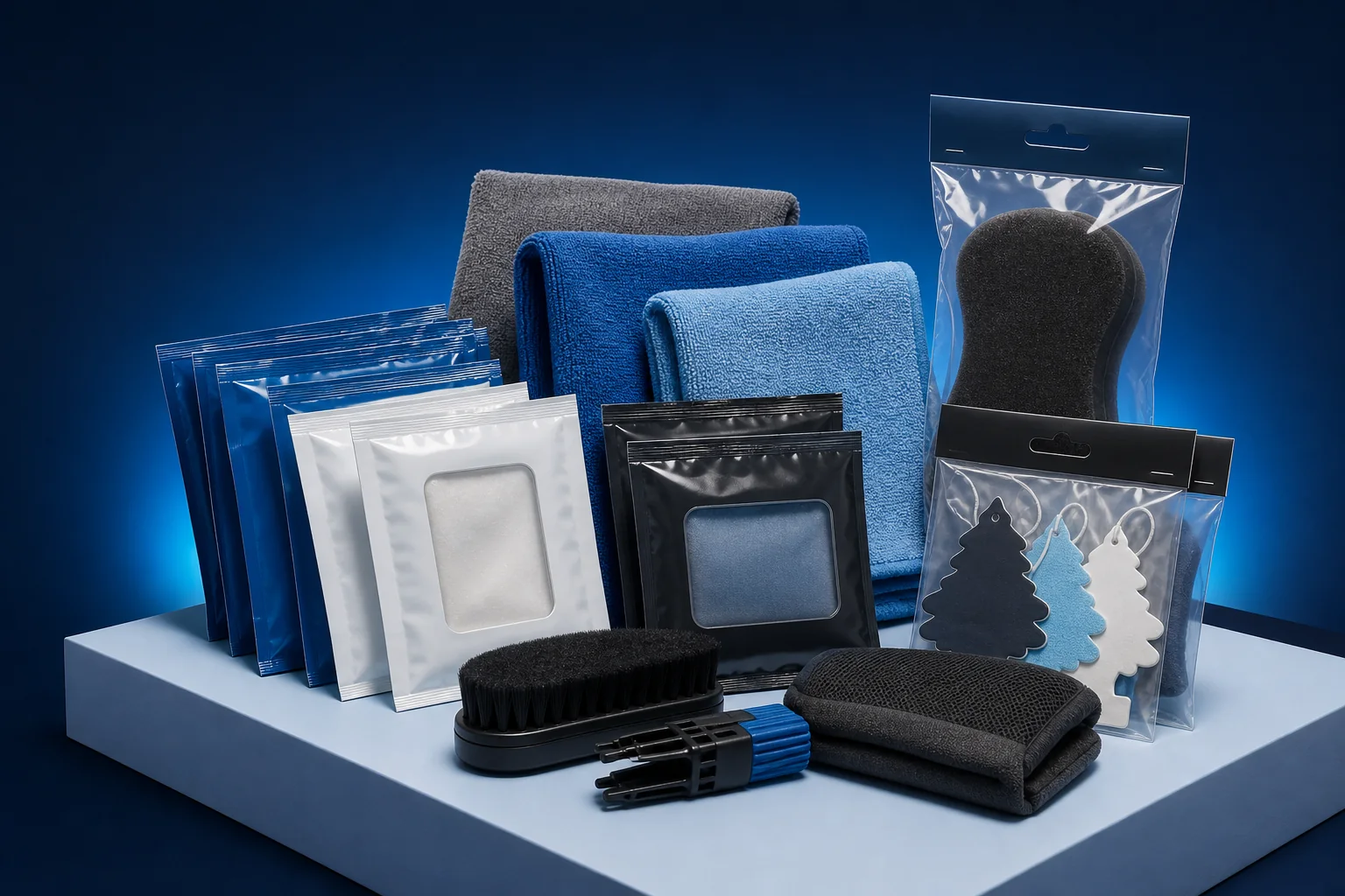 Car-care product assortment with microfiber towels, cleaning wipe packets, tire applicator, and air fresheners.