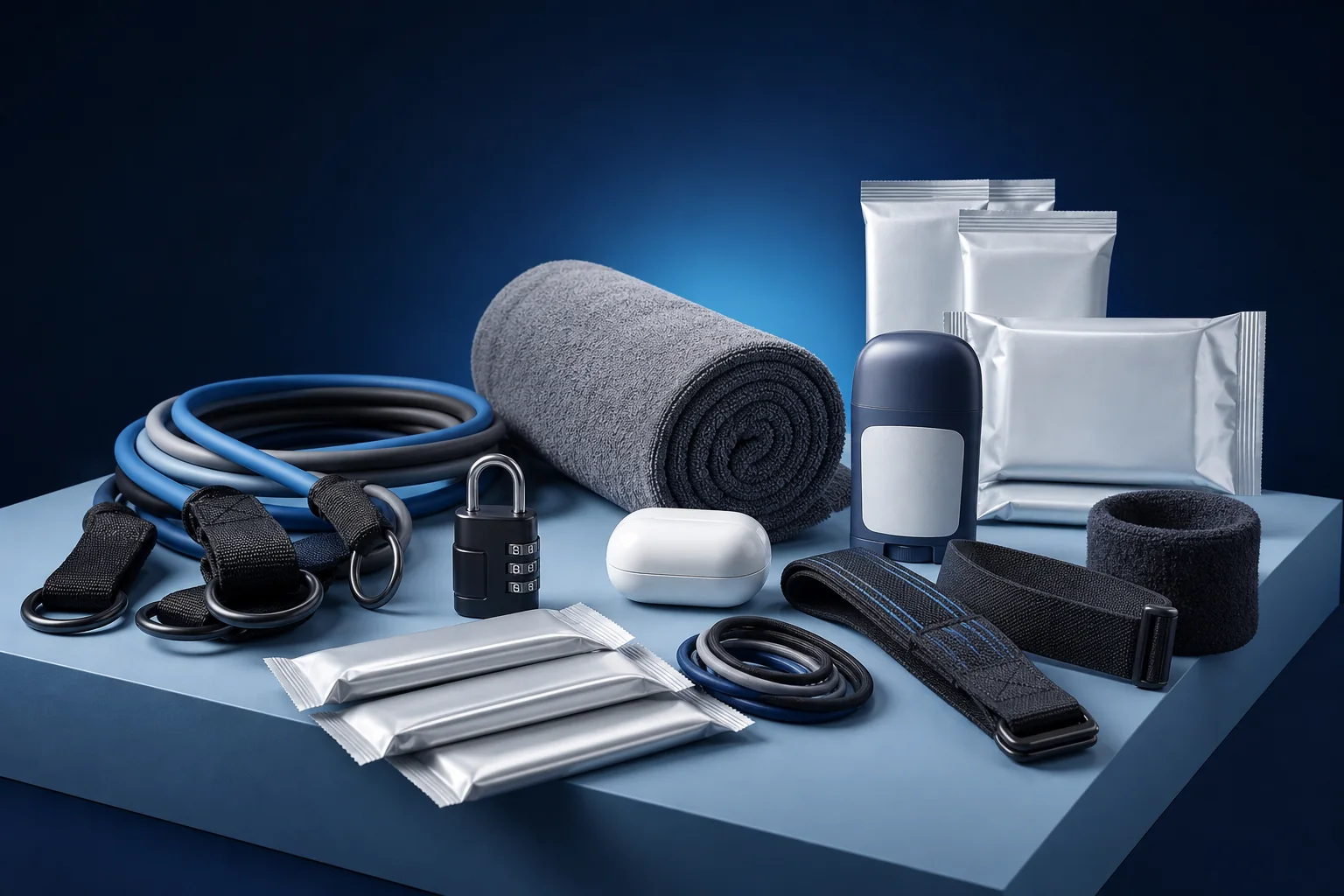 Fitness essentials including a towel, resistance bands, lock, earbuds, grip straps, personal care, and shelf-stable bars.