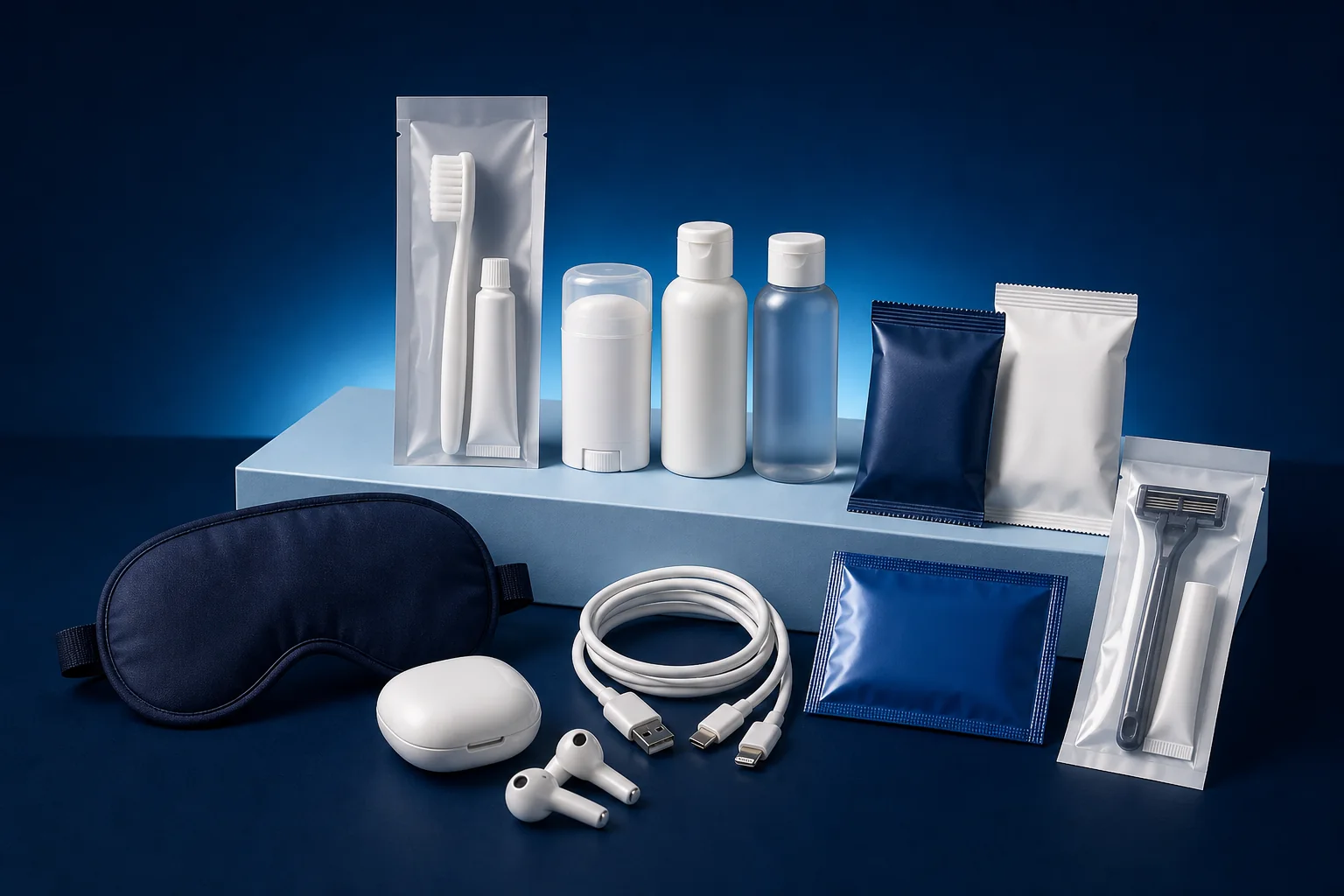 Hotel guest essentials including a toothbrush kit, personal-care items, charging cable, earbuds, and sleep mask.