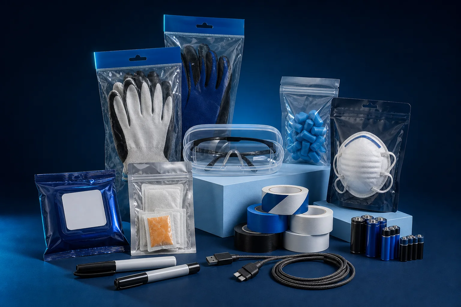 Industrial work essentials including packaged gloves, safety glasses, earplugs, masks, tape, batteries, markers, and charging cable.