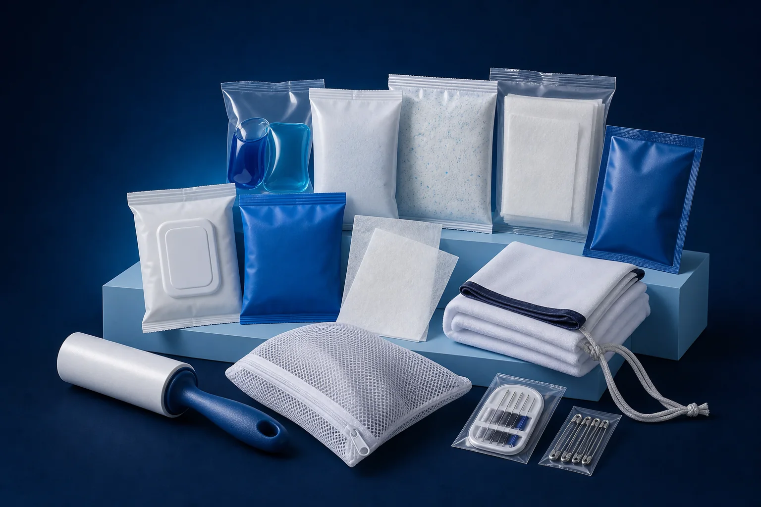 Laundry essentials including detergent packets, dryer sheets, stain care, laundry bag, lint roller, and a compact repair kit.