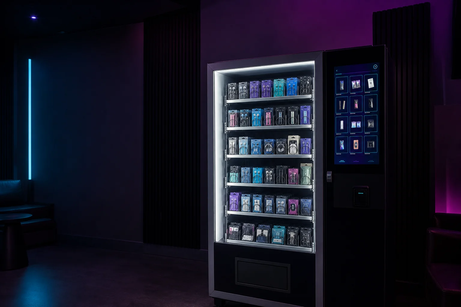 A real Stratamize vending machine in a nightlife setting stocked with unbranded charging and personal-convenience accessories.