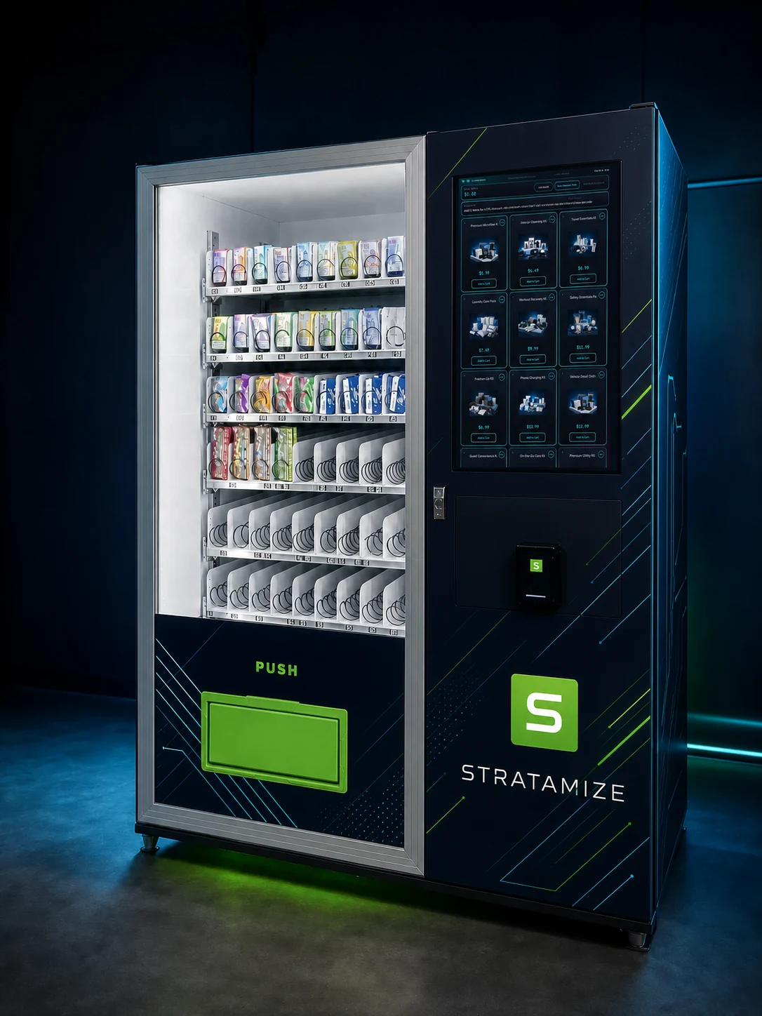 Stratamize custom-wrap concept on the vending machine with the authentic storefront inside the touchscreen