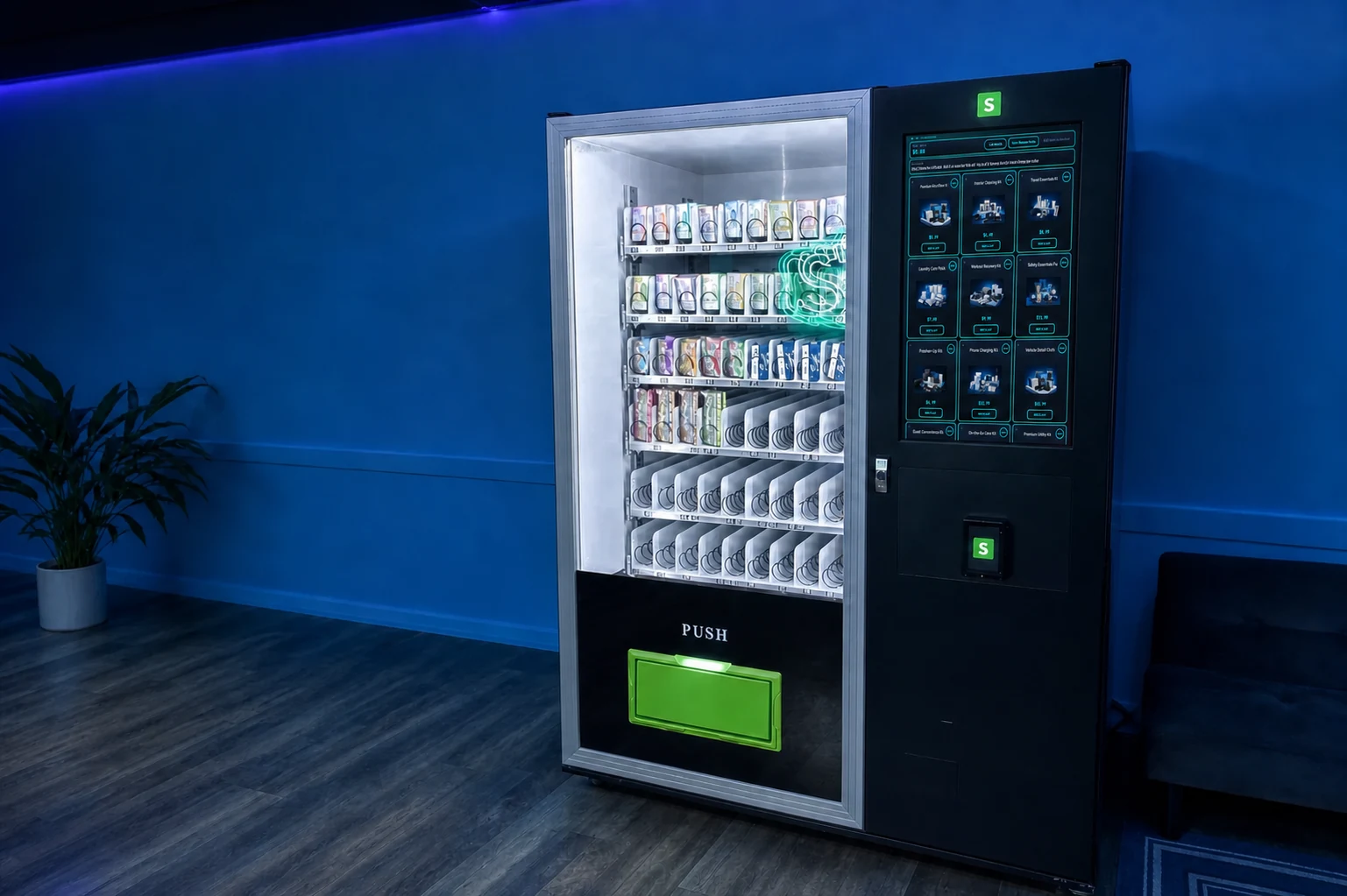 Stratamize vending machine with a green pickup door and the authentic storefront precisely fitted inside the touchscreen