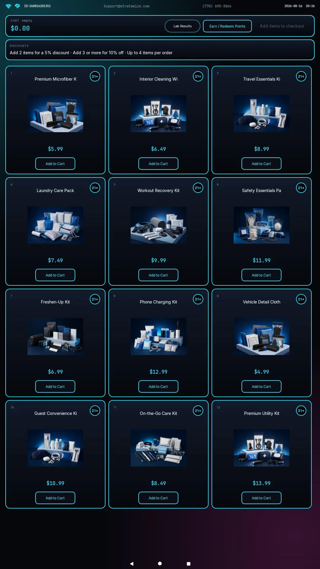 Actual Stratamize vending storefront showing product categories, product cards, prices, promotions, and add-to-cart buttons